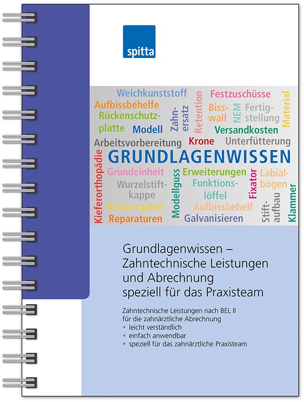 Spiralgebundenes Buch mit blauem Einband. Titel: Grundlagenwissen – Zahntechnische Leistungen und Abrechnung. Logo: spitta.