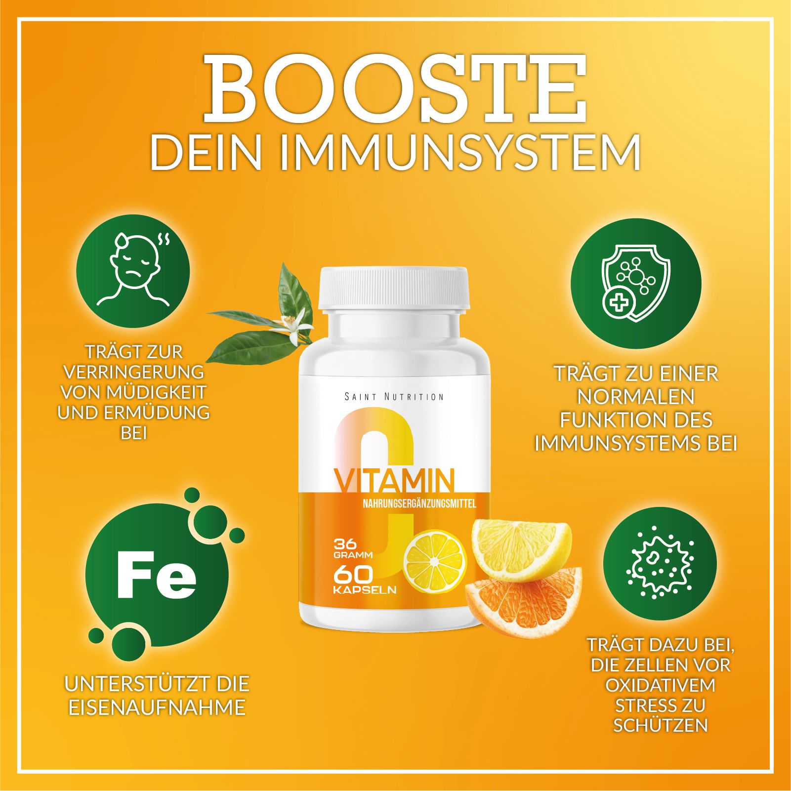 Werbebild mit Vitamin C Kapseln-Flasche. Grafiken und Icons heben Vorteile hervor: Immunsystem, Müdigkeit, Eisenaufnahme.
