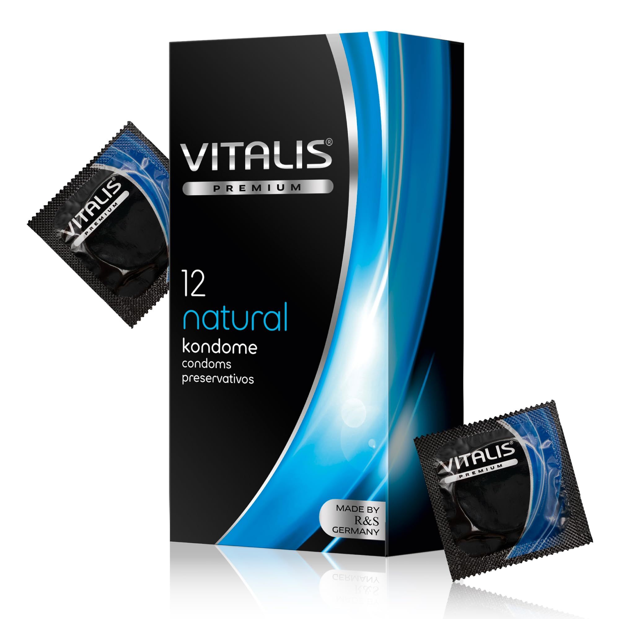 Packung mit 12 Vitalis Premium Natural Kondomen. Hergestellt in Deutschland.
