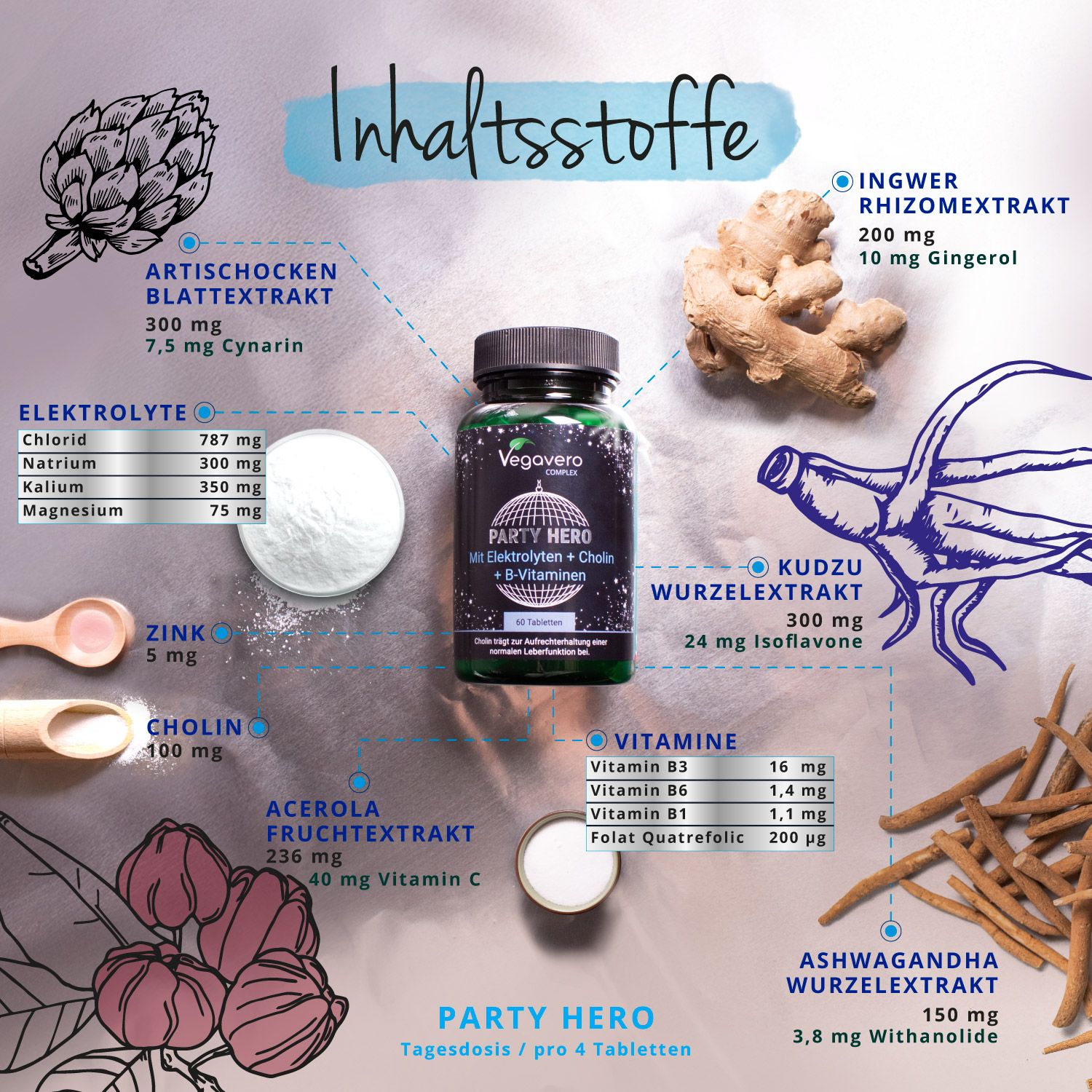 Grafik mit Inhaltsstoffen: Artischockenextrakt, Ingwer, Kudzu, Zink, Cholin, Acerola, Elektrolyte, Vitamine. Vegavaro Party Hero Flasche.