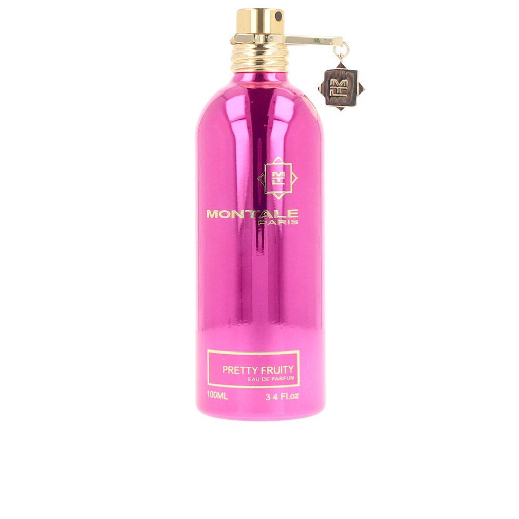 Pinkfarbene Flasche mit goldenem Verschluss und Anhänger. Aufschrift: MONTALE PARIS, PRETTY FRUITY. 3.4 fl oz.