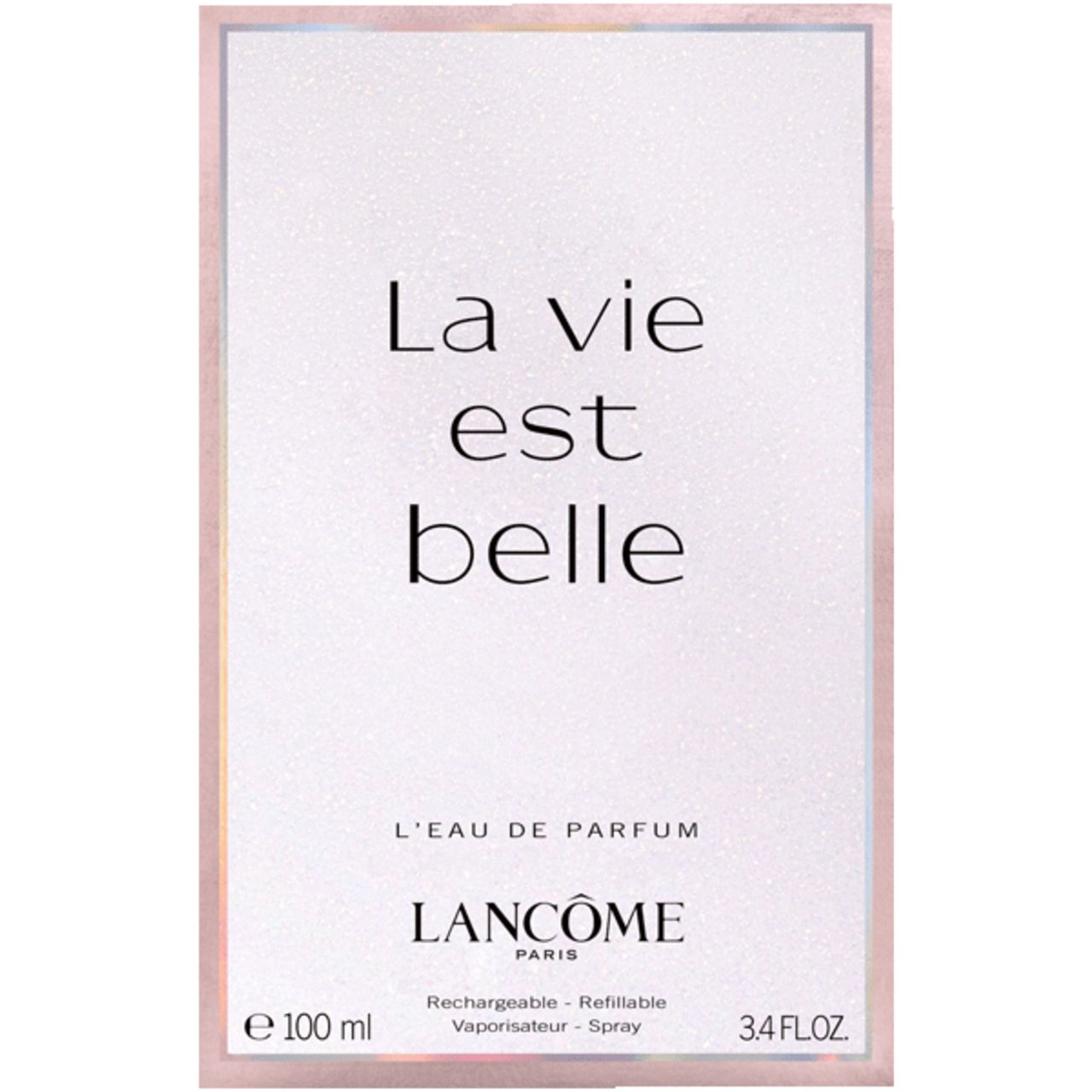 Verpackung mit Text: La vie est belle, L'EAU DE PARFUM, Lancôme, 100 ml, 3.4 FL.OZ. Rosa Hintergrund.