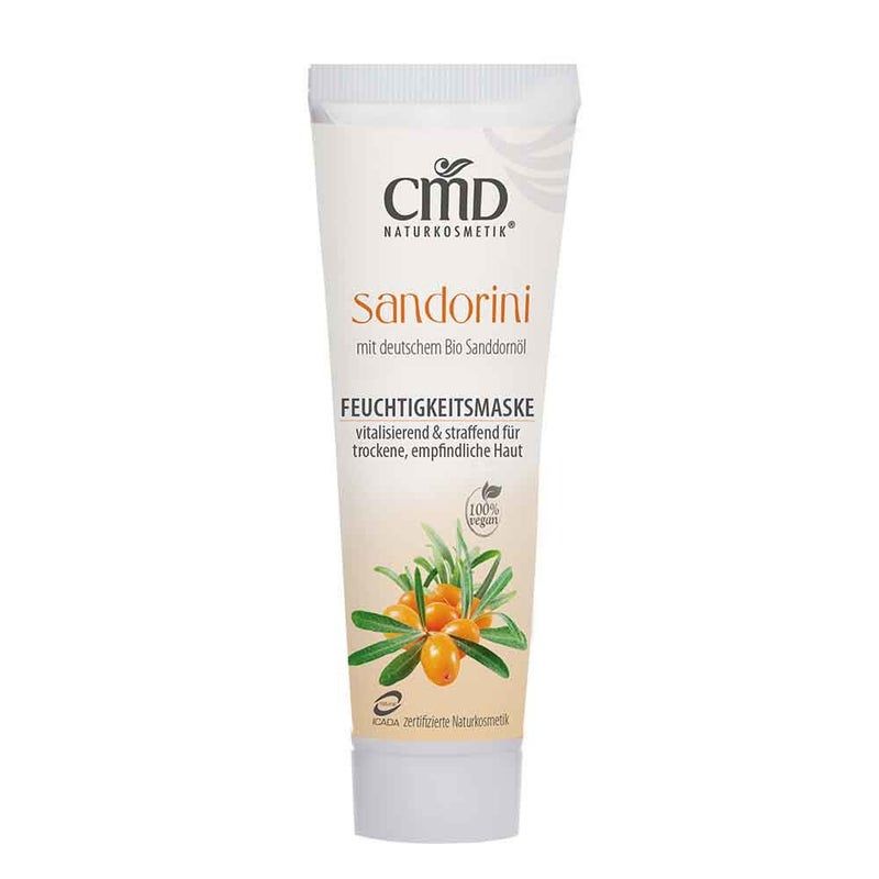 Creme-Tube mit Produktnamen Sandorini. Text: Feuchtigkeitsmaske für trockene, empfindliche Haut. Logo: CMD Naturkosmetik, vegan.