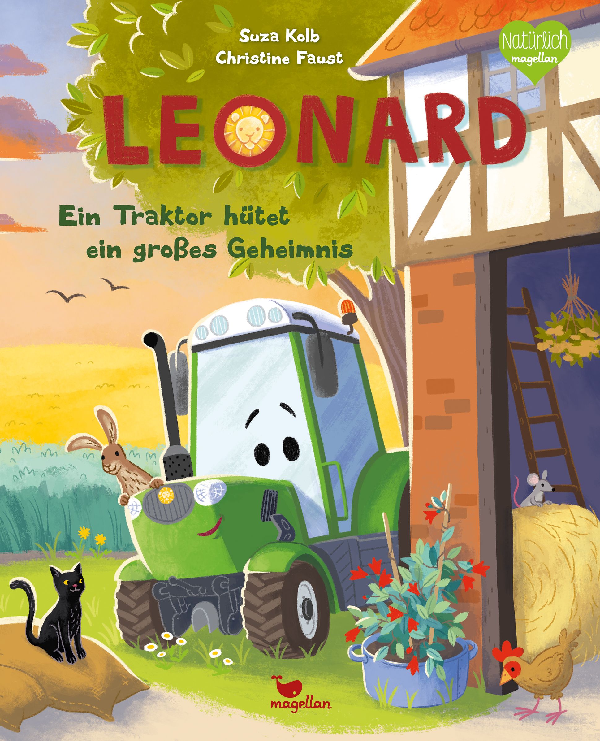 Buchcover: "Leonard - Ein Traktor hütet ein großes Geheimnis". Grüner Traktor, Hase, Katze, Huhn, Scheune, Text.