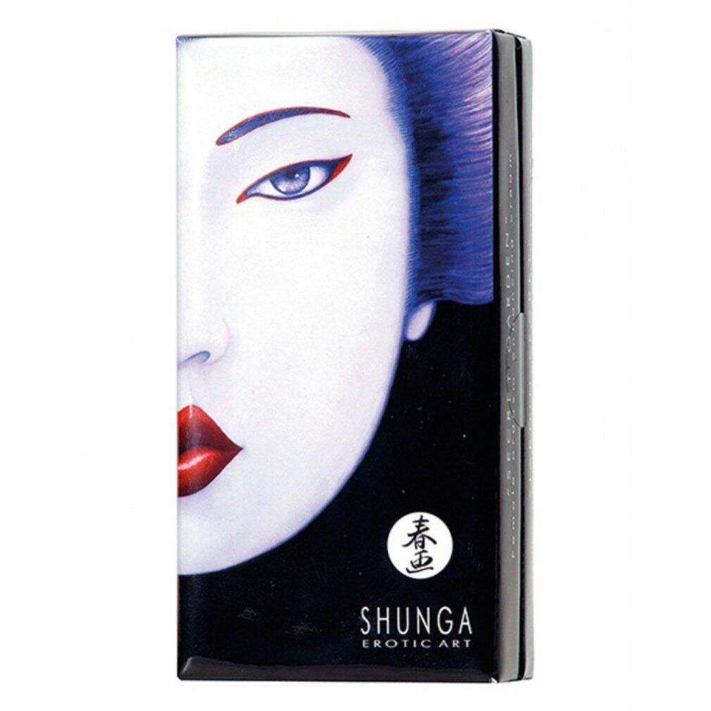 Verpackung mit Gesicht. Logo und Produktname. Text: SHUNGA EROTIC ART. Gesicht mit rotem Lippenstift und blauem Haar.