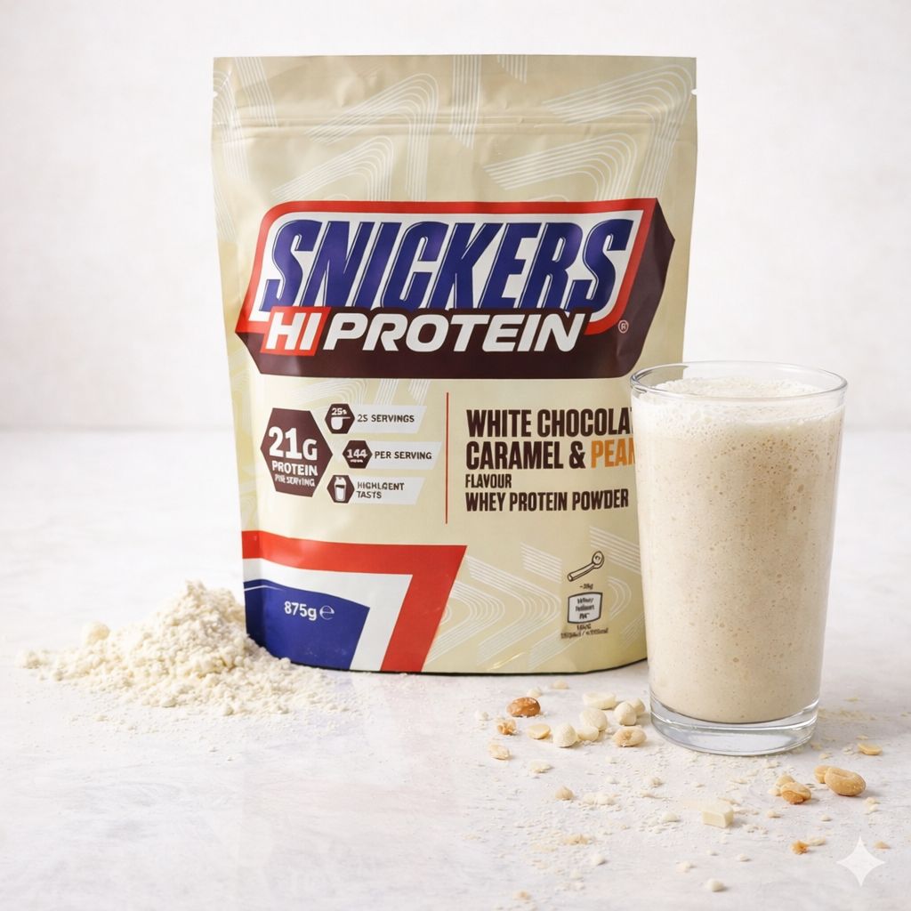 Snickers Hi Protein Pulver mit einem Glas Proteinshake, Haferflocken und Erdnüssen.