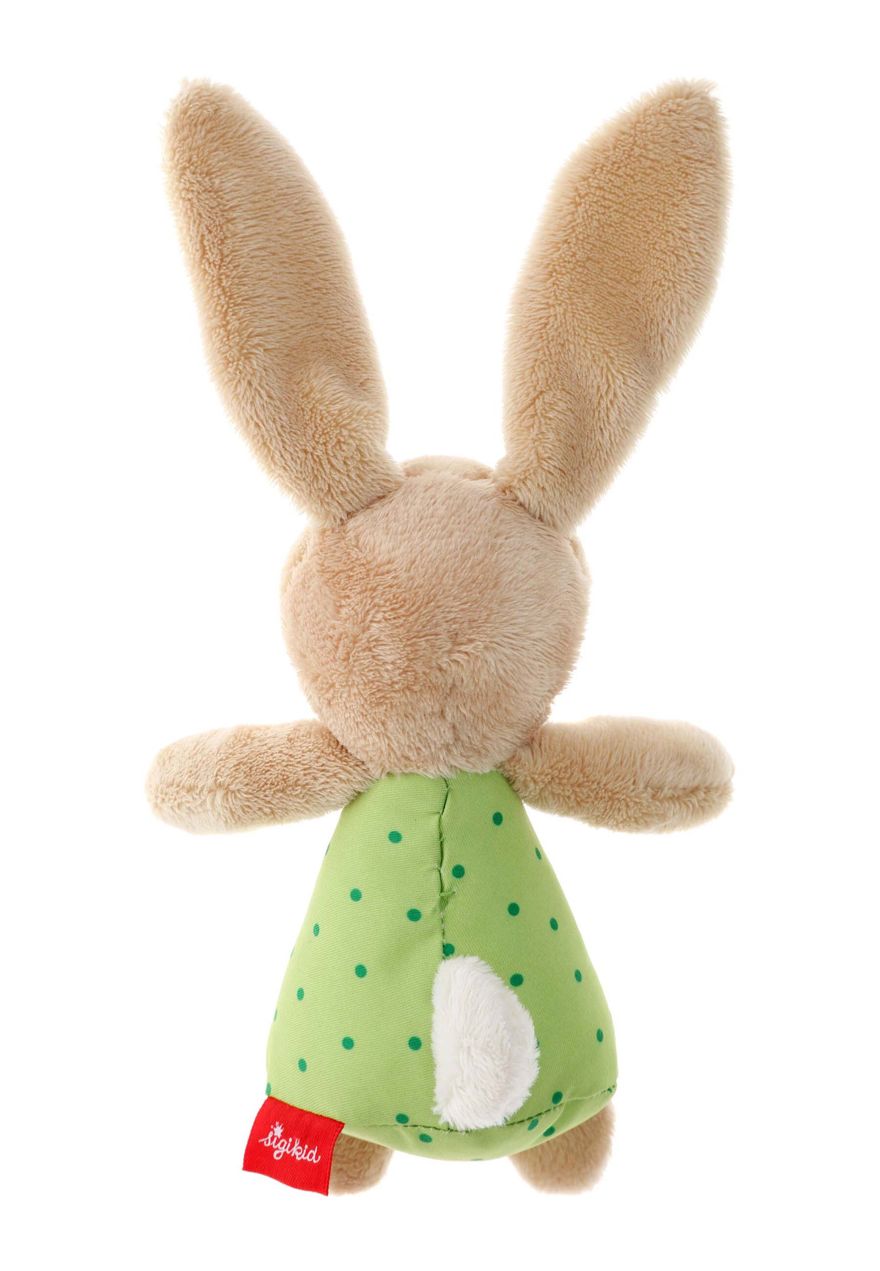 Beige Stofftier-Hase mit grünen Punkten. Ohren und Kleid grün. Text: SIGIKID.