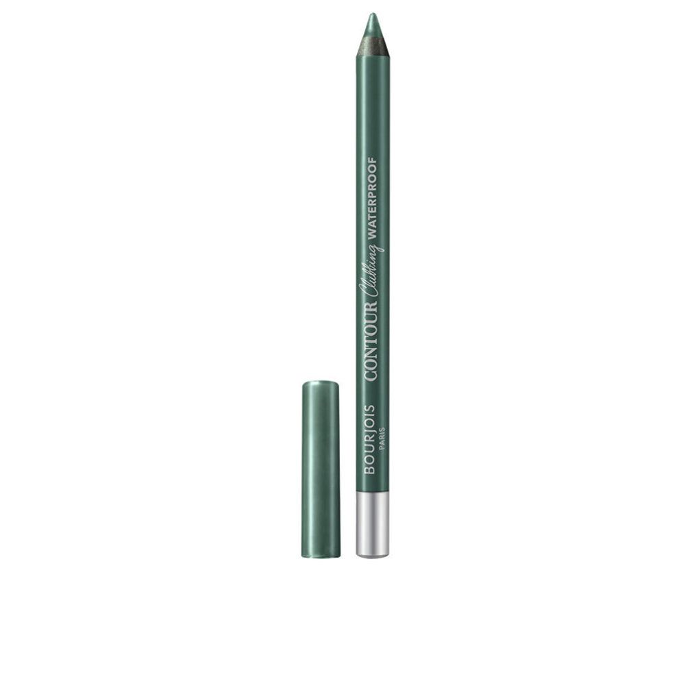 Grüner Eyeliner mit Kappe. Silberfarbener Schaft. Text: Bourjois, Contour Clubbing Waterproof.