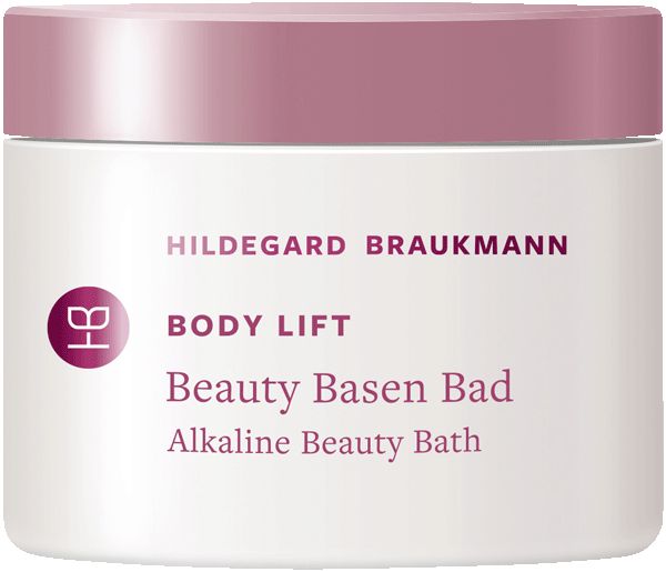 Weißer Tiegel mit rosa Deckel. Aufschrift: "Hildegard Braukmann Body Lift Beauty Basen Bad Alkaline Beauty Bath".