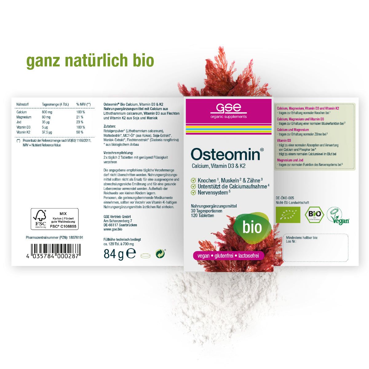 Produktverpackung und Flasche mit Produktetikett. Aufschrift: Osteomin, Calcium, Vitamin D3 & K2. 120 Tabletten, bio, vegan, glutenfrei, laktosefrei.