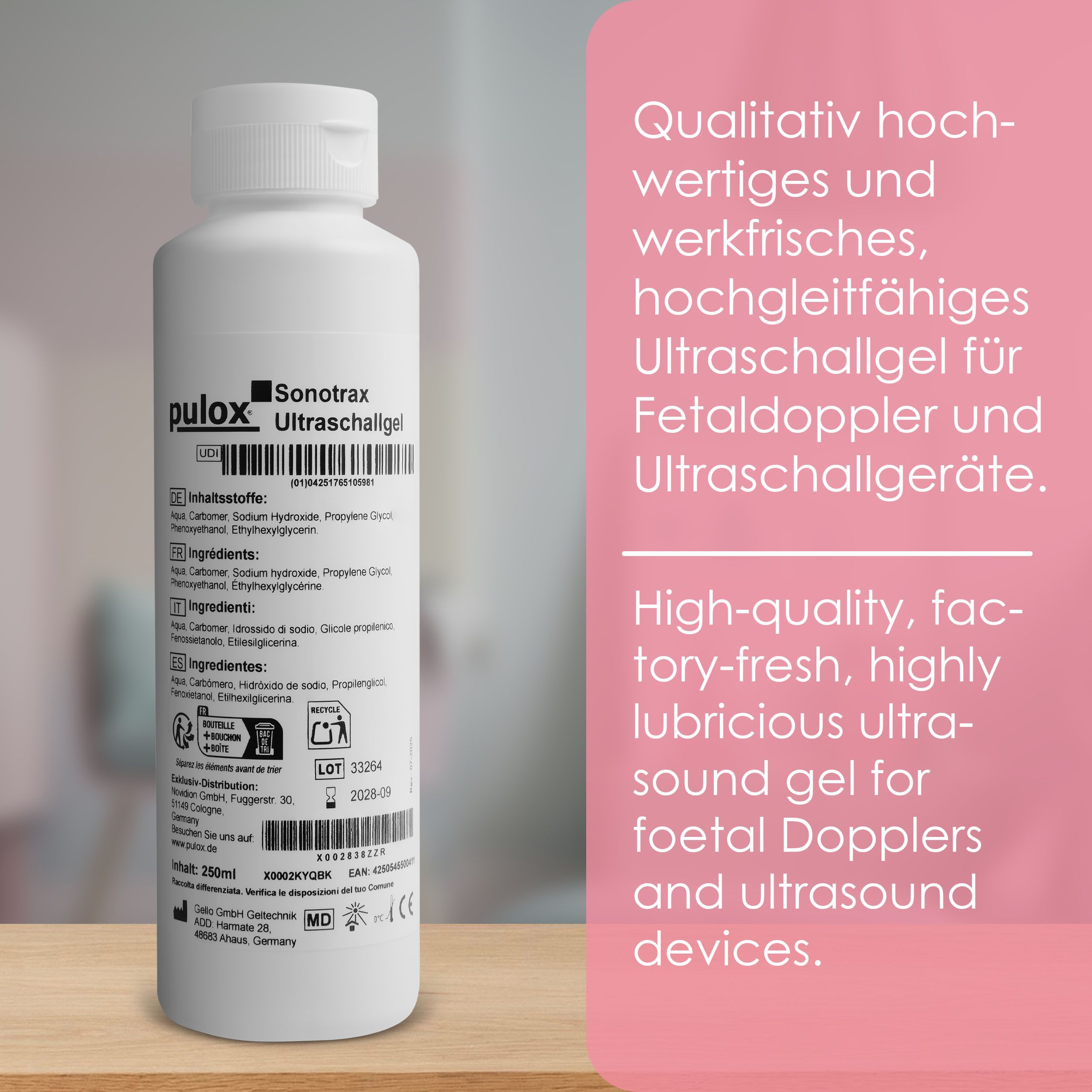 Weiße Flasche Ultraschallgel mit Etikett. Text: pulox Sonotrax Ultraschallgel. Rosa Hintergrund mit Text in Deutsch und Englisch.