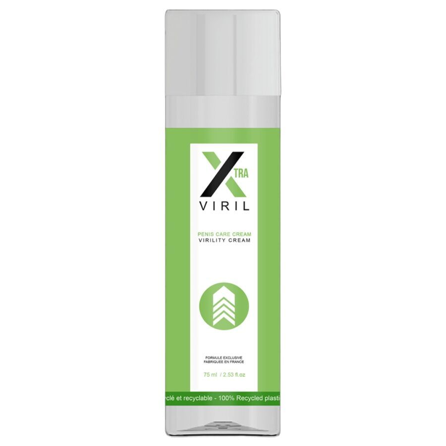 Creme-Flakon. Aufschrift: XTRA VIRIL, Penis Care Cream. Grün-weißes Design. 100% recyceltes Plastik.