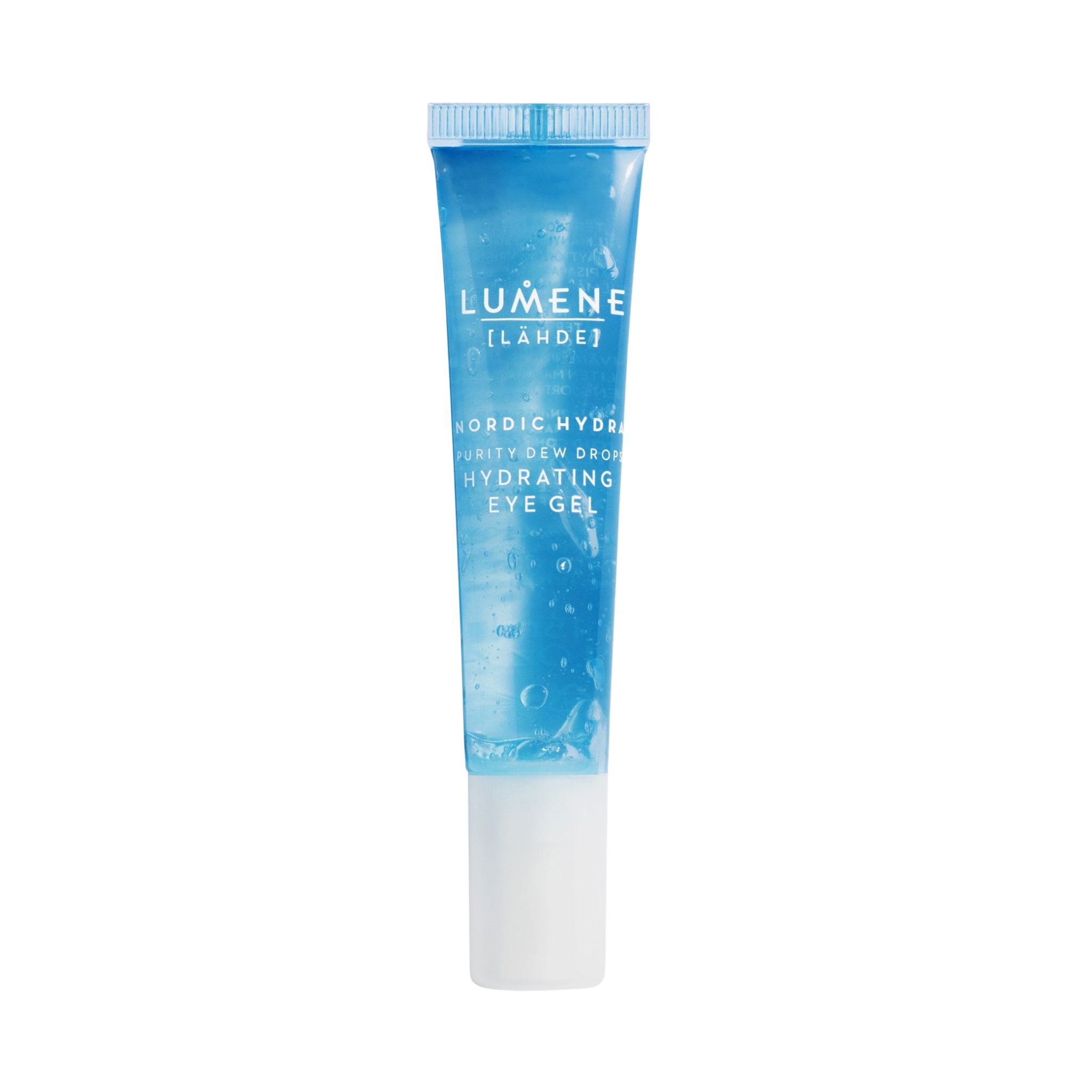 Blau-transparente Tube mit weißem Verschluss. Aufschrift: Lumene [LAHDE] Nordic Hydra Purity Dew Drops Hydrating Eye Gel.
