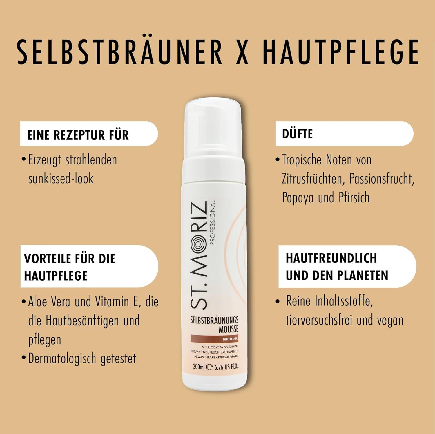 Produktflasche ST. MORIZ Selbstbräunungs Mousse Medium, umgeben von Textfeldern. Text: Vorteile für die Hautpflege, Düfte, hautfreundlich und vegan.