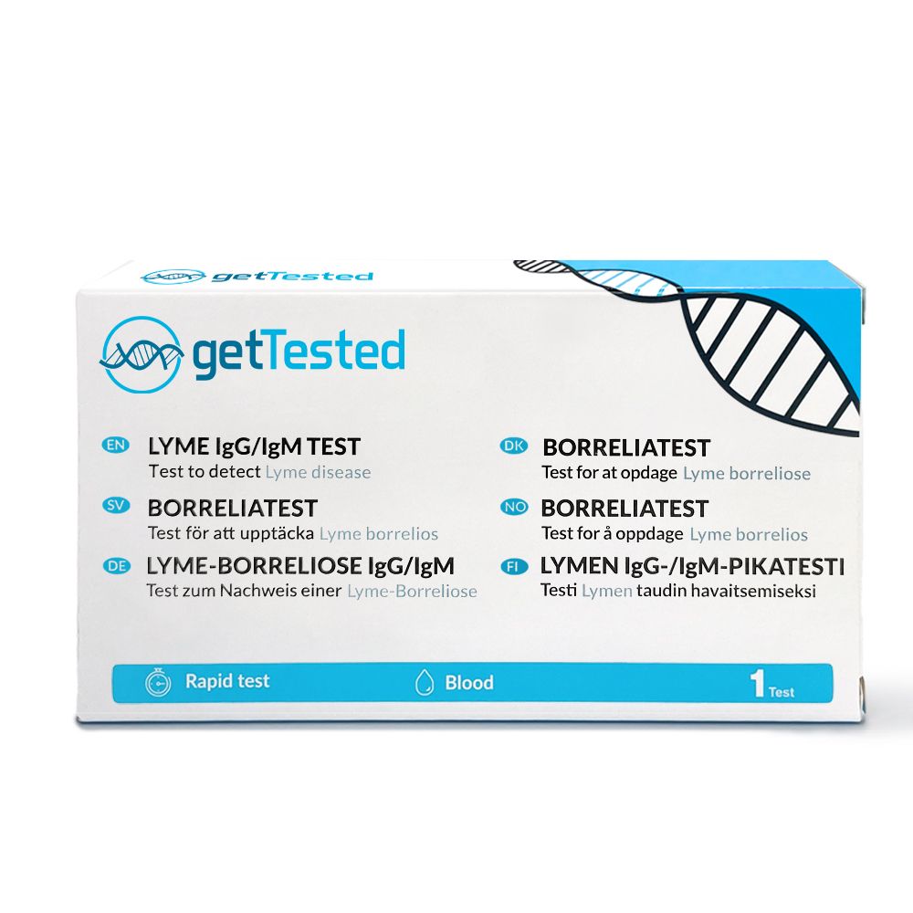 GetTested Borreliose-Test-Packung. Enthält Test zur Erkennung von Lyme-Borreliose. Mit Logo, Text und Symbolen.