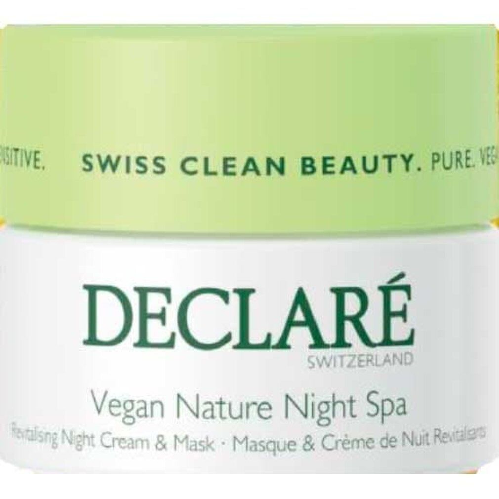 Creme-Tiegel mit grünem Deckel. Aufschrift: DECLARÉ Vegan Nature Night Spa. Revitalisierende Nachtcreme & Maske.