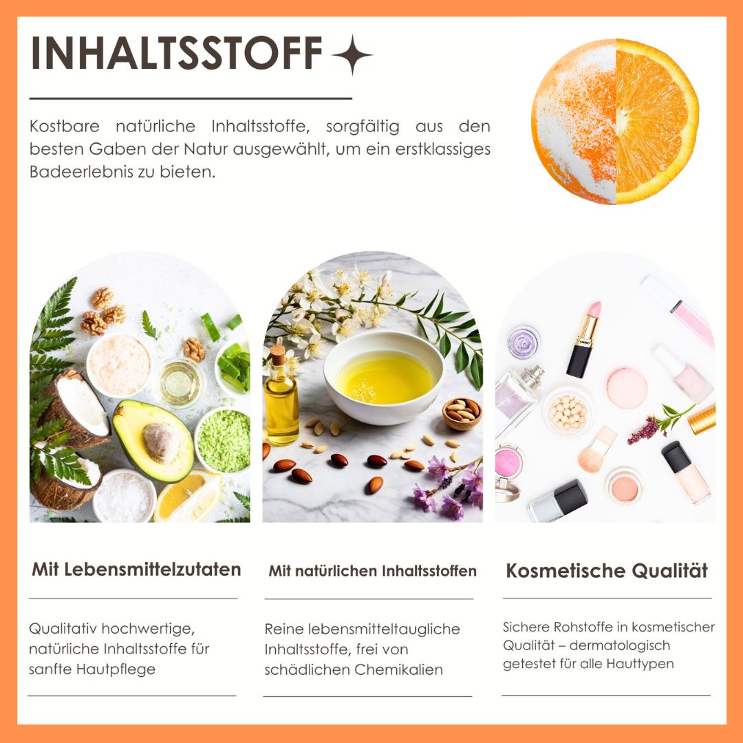 Inhaltsstoffe: Lebensmittelzutaten, natürliche Inhaltsstoffe, kosmetische Qualität. Text: Inhaltsstoff.