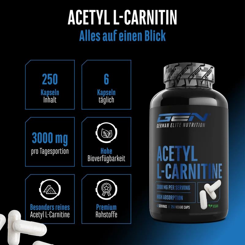 GEN Acetyl L-Carnitin: 250 Kapseln, 3000 mg pro Portion, hohe Bioverfügbarkeit, reine Rohstoffe.