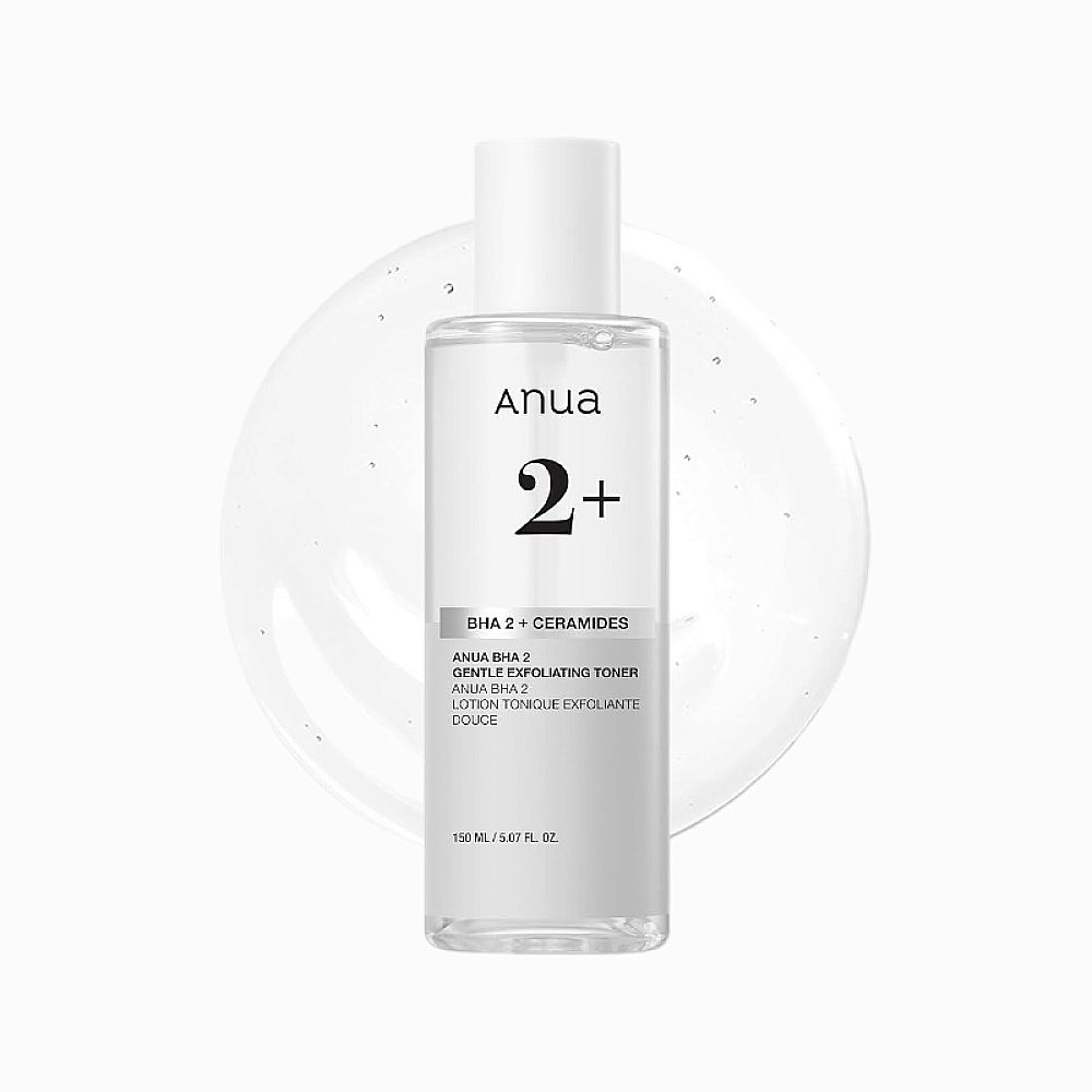 Zylindrische Flasche mit weißem Deckel. Aufschrift: Anua, BHA 2 + Ceramides, Gentle Exfoliating Toner. Transparenter Hintergrund.