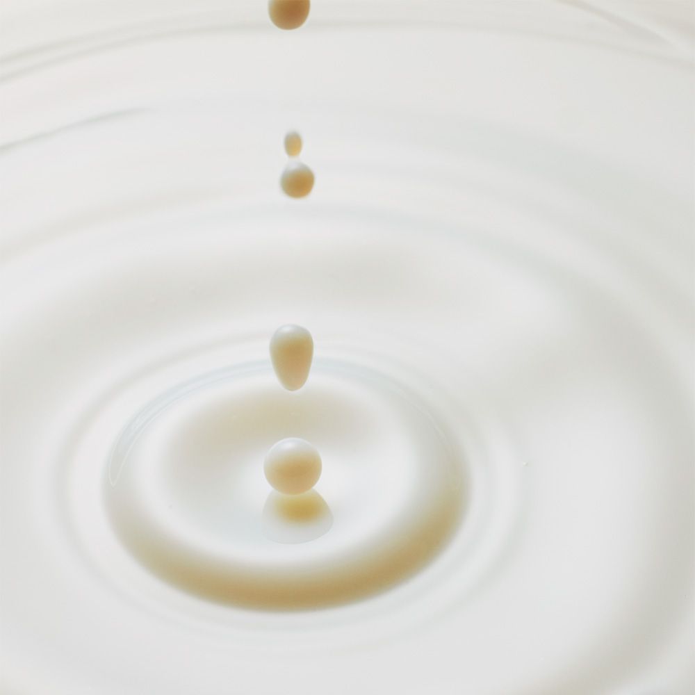 Tropfen fallen in eine milchige Flüssigkeit und erzeugen konzentrische Kreise.