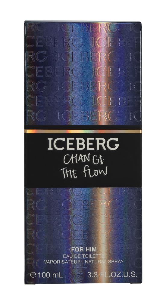 Schachtel ICEBERG Change The Flow. Schwarzer Streifen mit Text. Unten: FOR HIM, Eau de Toilette, 100 ml.