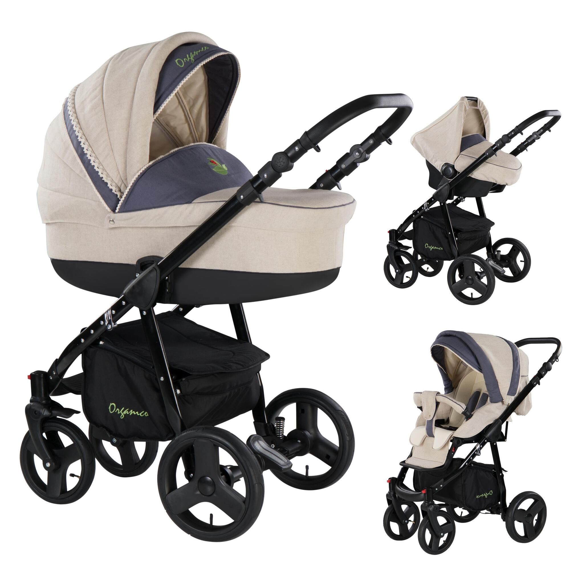 Friedrich Hugo Organico 3 in 1 Kinderwagen Komplettset, Nature Mix Beige - Gestell Schwarz