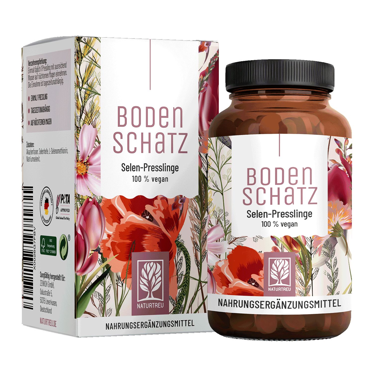 Braune Flasche und Schachtel mit Produktaufdruck. Aufschrift: Bodenschatz, Selen-Presslinge, 100% vegan. PETA-Logo.