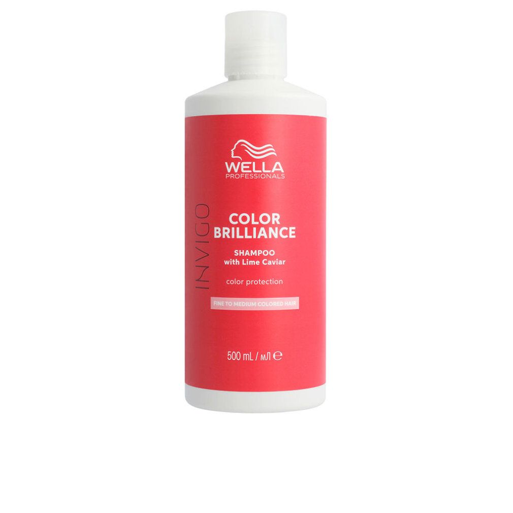 Rote Shampoo-Flasche mit weißem Deckel. Aufschrift: Wella Color Brilliance Shampoo mit Lime Caviar.