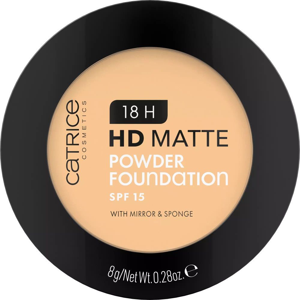 Kompaktpuder. Schwarze Verpackung. Text: 18 H HD Matte Powder Foundation, SPF 15, mit Spiegel & Schwamm.