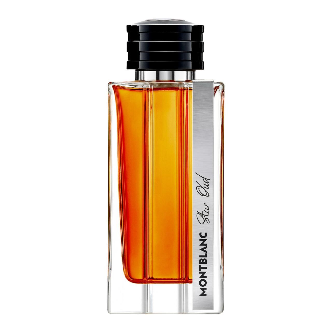 Parfümflakon Montblanc Star Oud. Rechteckige Glasflasche mit schwarzem Verschluss. Silberner Streifen mit Produktnamen. Flüssigkeit bernsteinfarben.
