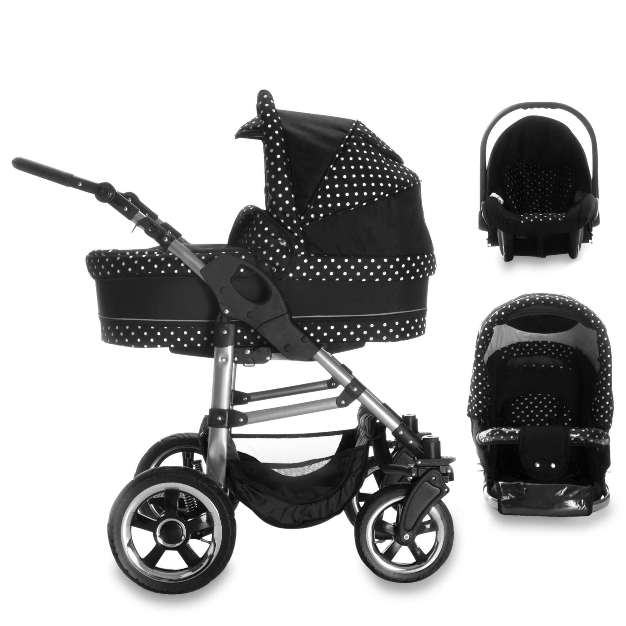 Kinderwagen-Set in Schwarz mit weißen Punkten. Enthält Babywanne, Sportsitz und Babyschale. Silbernes Gestell.