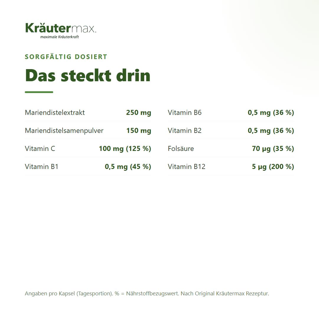 Anwendungshinweis: 1 Kapsel täglich. Flasche Kräutermax Mariendistel Komplex mit Premium Qualität Siegel.