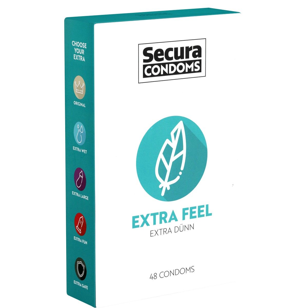 Schachtel Secura Condoms Extra Feel. Türkis-weißes Design. Auswahl an Varianten. 48 Kondome. Text: Extra Dünn.