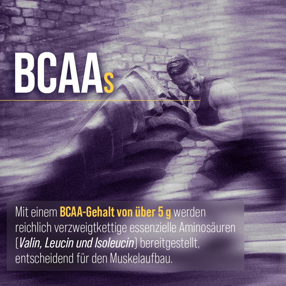 Mann mit Hantel. Text: BCAAs. Mit über 5 g BCAAs. Essentielle Aminosäuren für den Muskelaufbau.