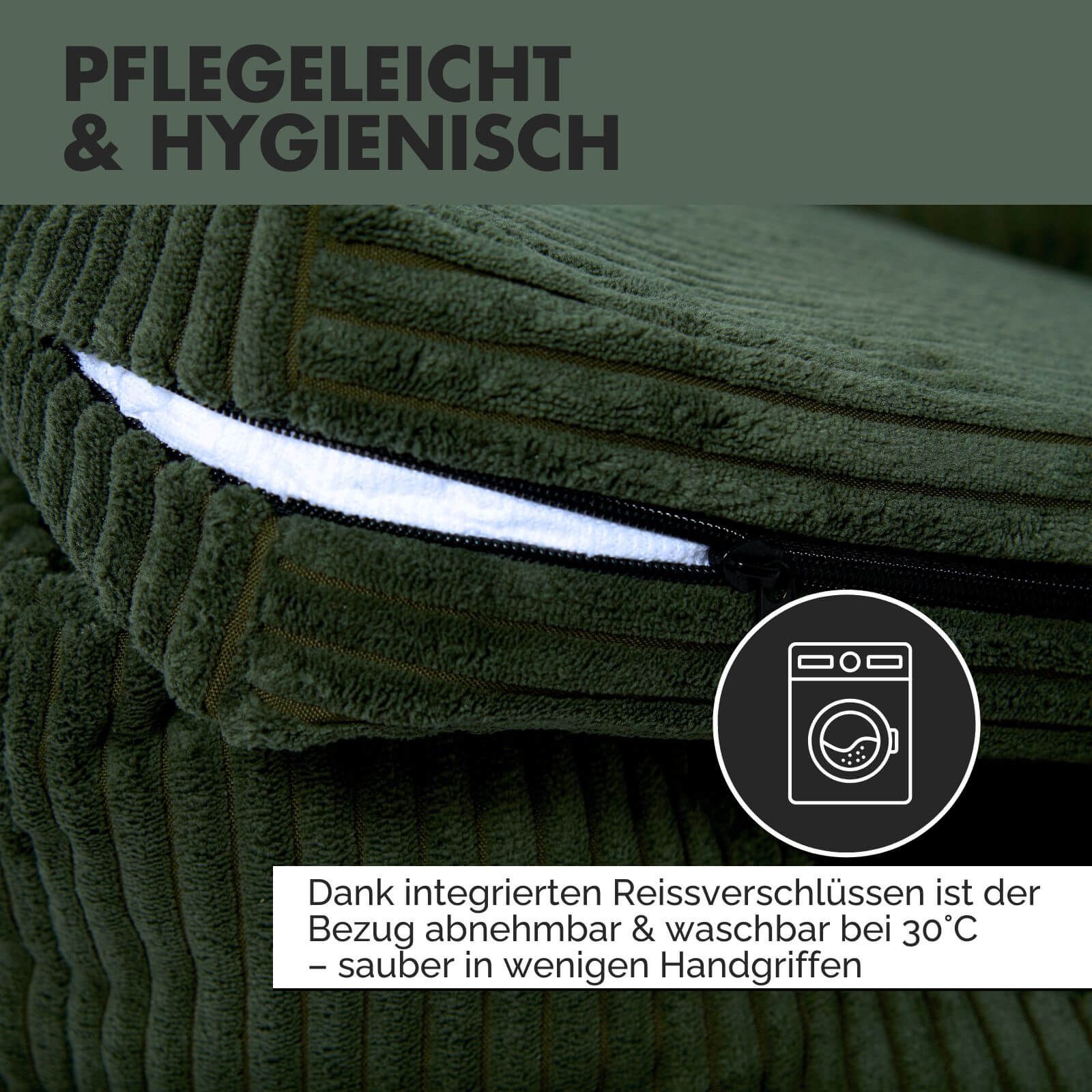 Nahaufnahme des grünen Hundebetts mit Reißverschluss. Abnehmbarer, waschbarer Bezug.