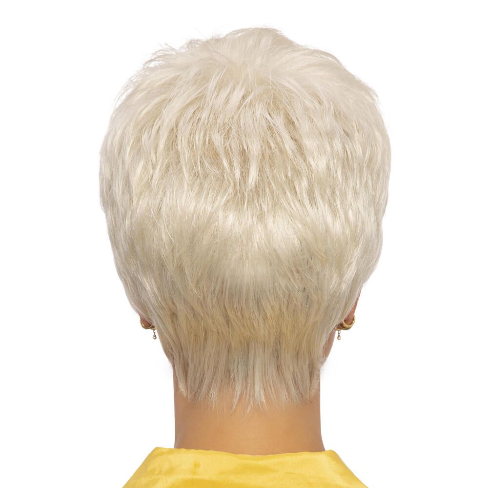 Rückansicht einer blonden Kurzhaarperücke. Gelbes Oberteil.