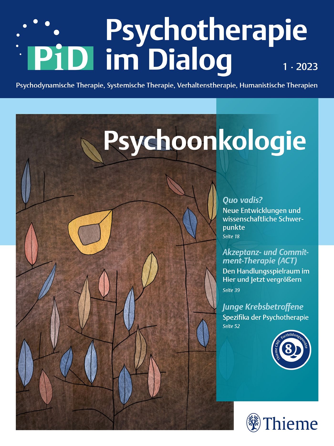 Zeitschrift "Psychotherapie im Dialog". Titel: Psychoonkologie. Cover mit abstraktem Kunstwerk. Ausgabe 1-2023. Verlag Thieme.