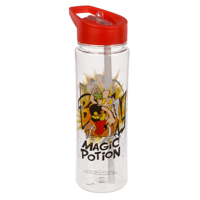 Transparente Trinkflasche mit rotem Deckel und Strohhalm. Aufdruck: Comic-Figur und Schriftzug 'Magic Potion'.
