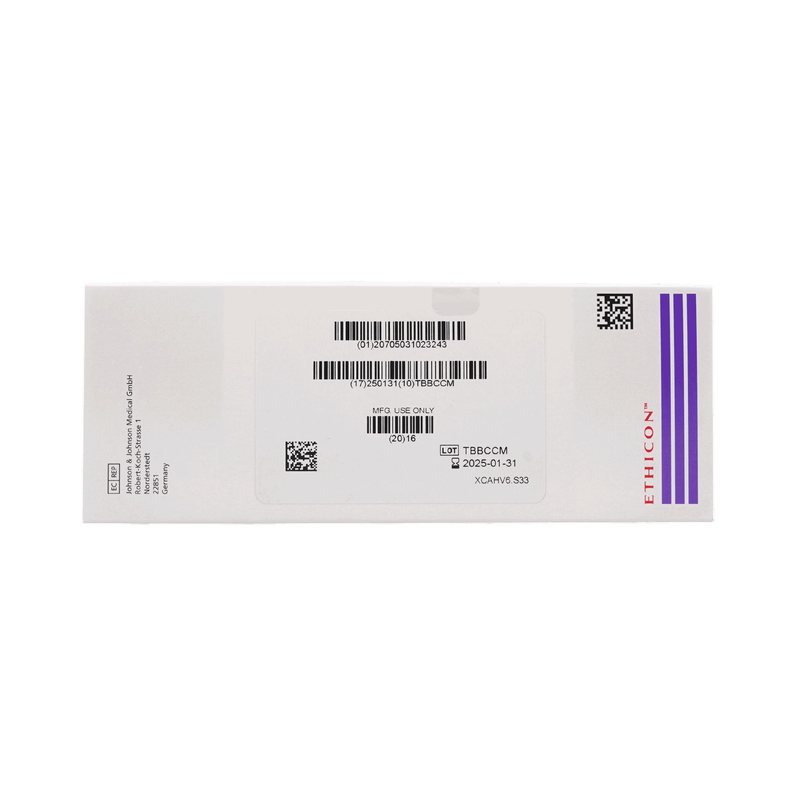 Rückseite der Dermabond-Verpackung. Enthält Barcodes, Chargennummer, Verfallsdatum und Herstellerinformationen.