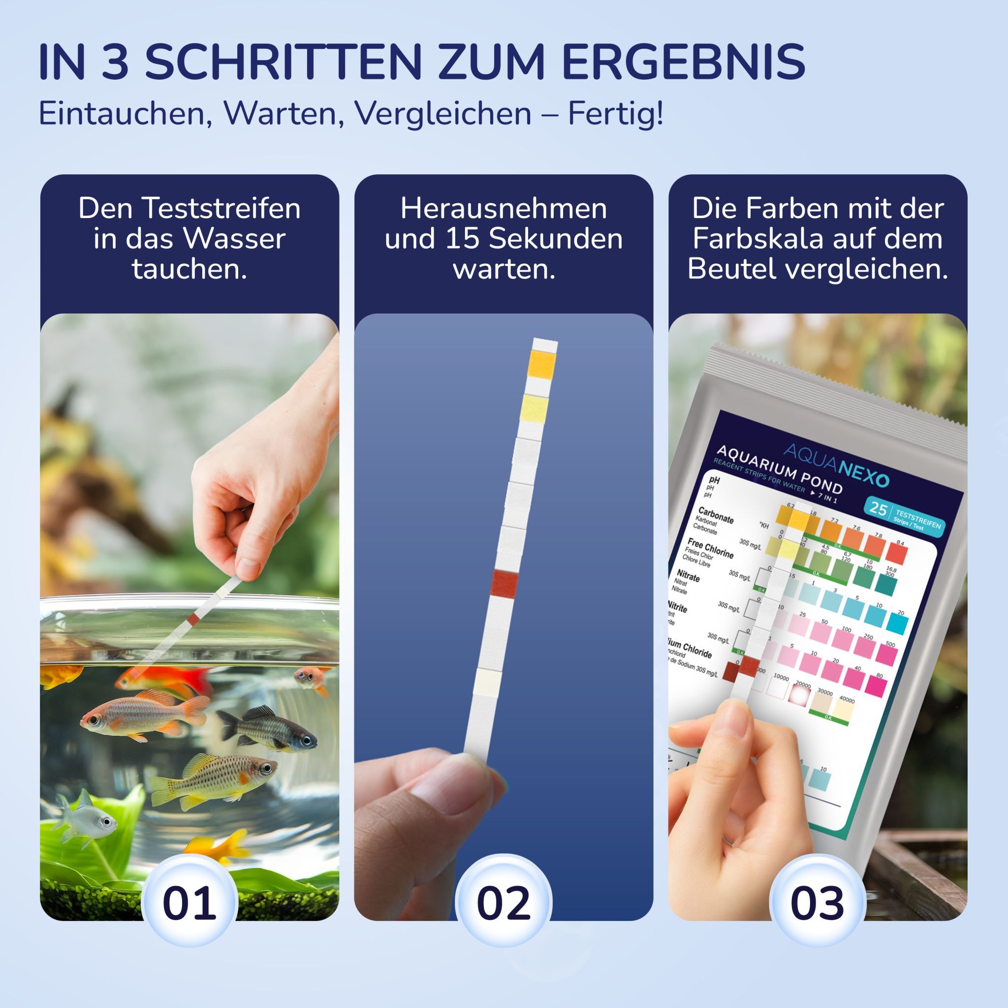 Drei Schritte zur Analyse: Teststreifen eintauchen, 15 Sekunden warten, mit Farbskala vergleichen. Teststreifen und Farbskala.