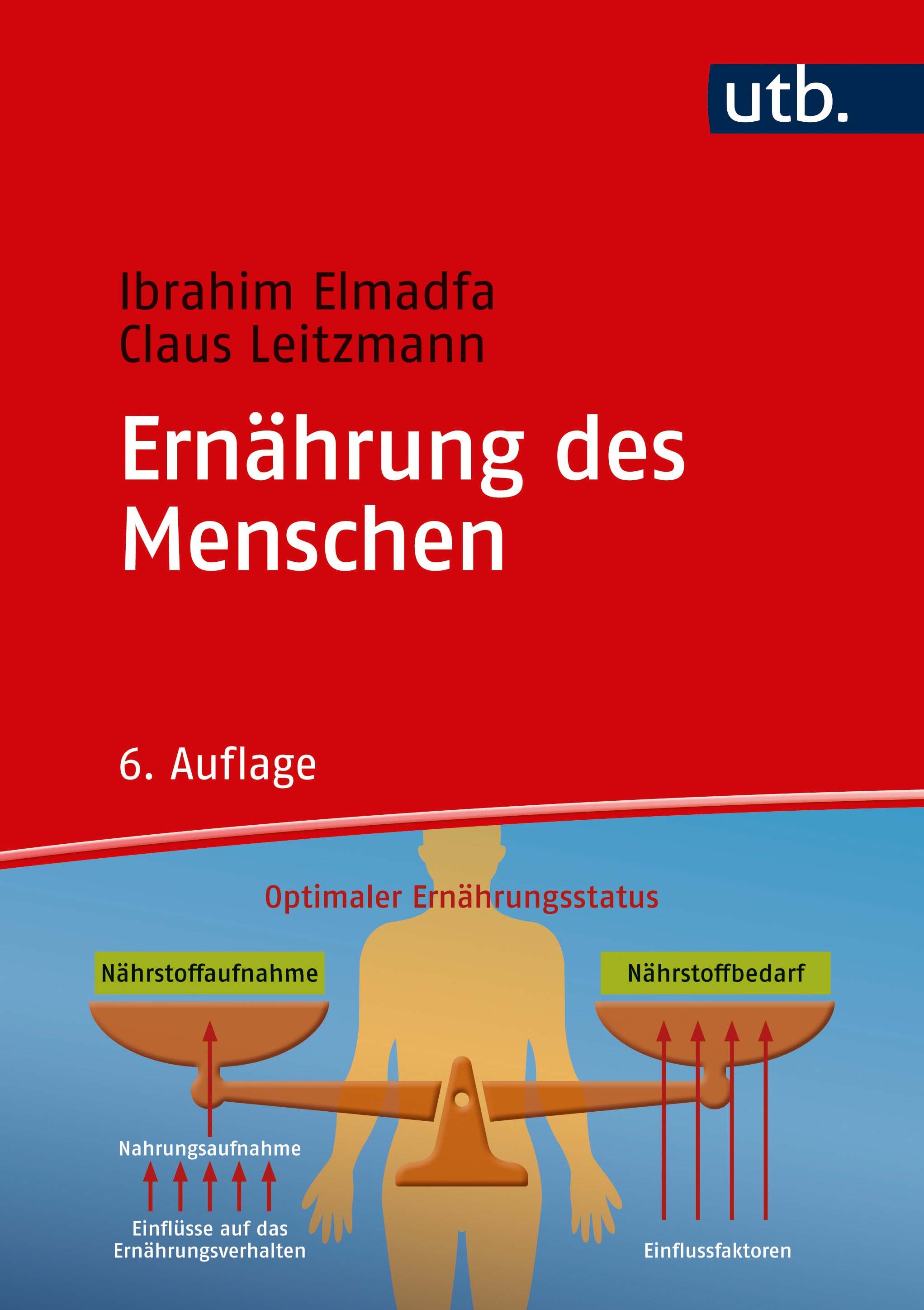 Buchcover: "Ernährung des Menschen". Autoren: Ibrahim Elmadfa, Claus Leitzmann. 6. Auflage. Mit Waage-Grafik zur Nährstoffaufnahme und -bedarf.