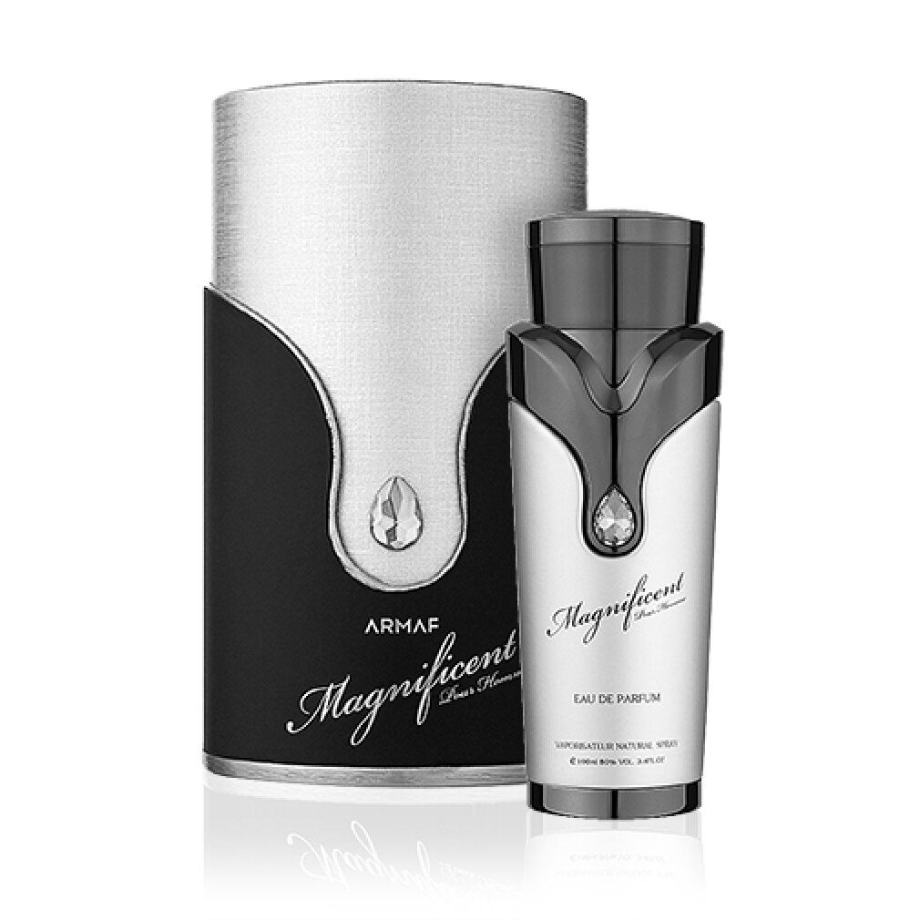 Flakon und Verpackung. Zylindrische Verpackung, Flakon silberfarben mit dunkler Kappe. Schriftzug "Magnificent".