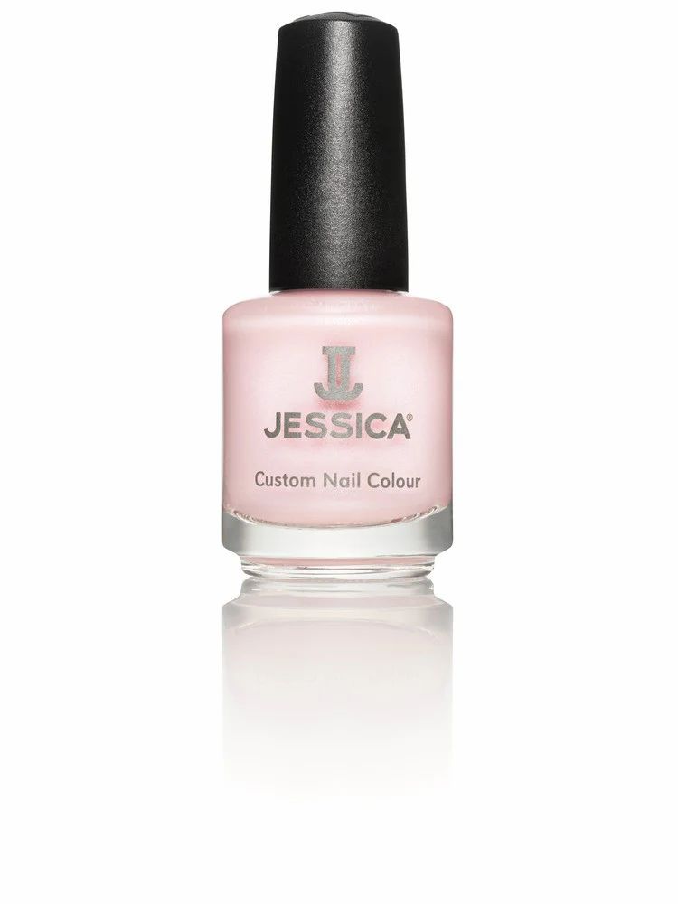 Rosa Nagellackflasche mit schwarzem Deckel. Aufschrift: JESSICA Custom Nail Colour.