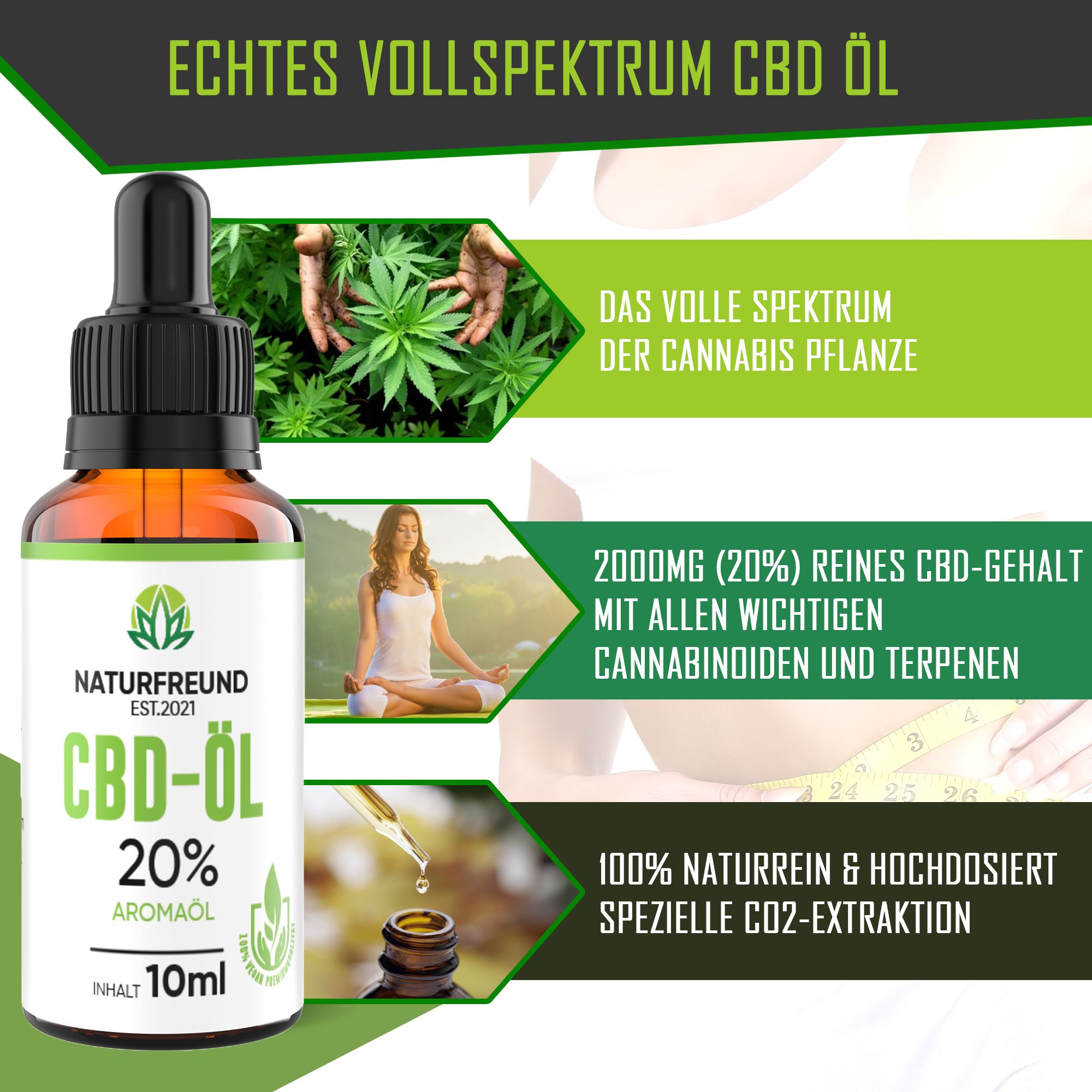 NATURFREUND® Premium CBD Öl 20% VOLLSPEKTRUM Hanföl Cannabisöl CBD Tropfen