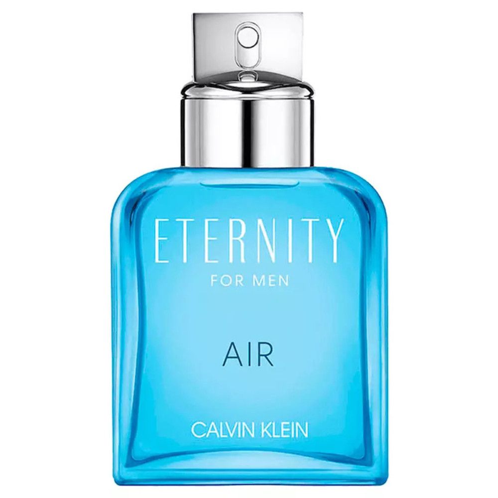 Hellblaues Parfumflakon mit silbernem Deckel. Aufschrift: Eternity For Men Air, Calvin Klein.