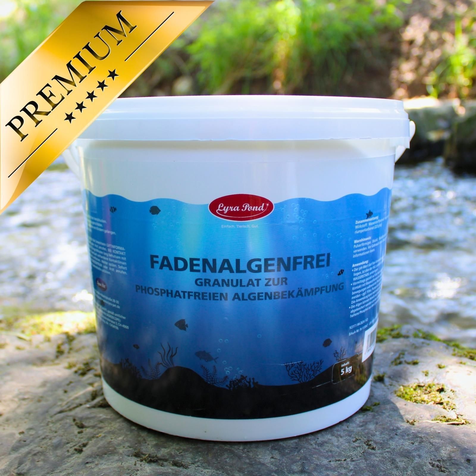 Lyra Pond Fadenalgenfrei Granulat Eimer mit 'Premium' Siegel.
