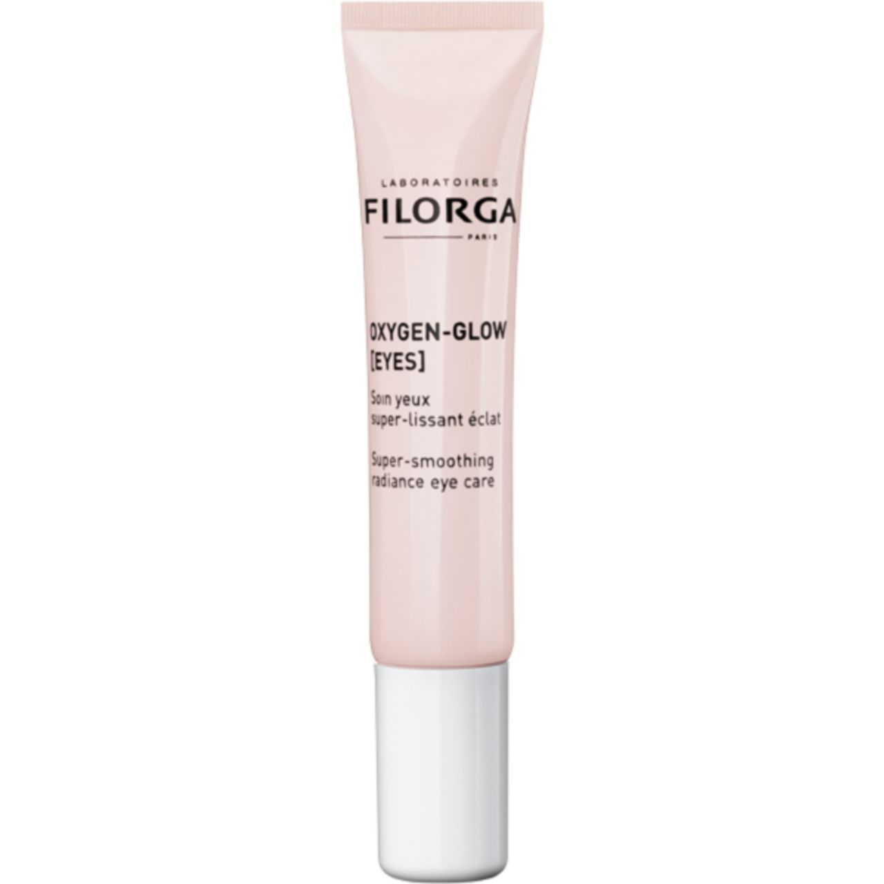 Rosa Tube mit weißem Verschluss. Beschriftung: Filorga, Oxygen-Glow [Eyes]. Super-glättende Augenpflege.