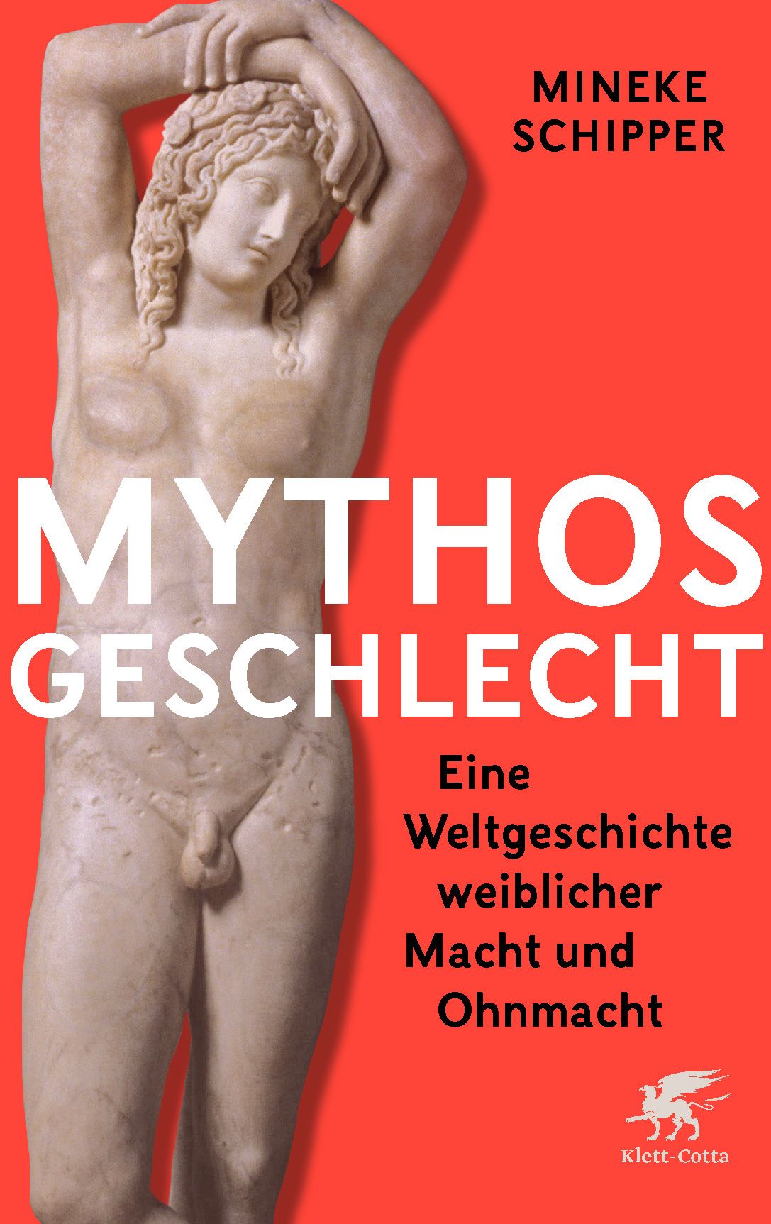 Buchcover mit Titel "Mythos Geschlecht". Auf rotem Hintergrund eine Statue und Schriftzug. Autor: Mineke Schipper.