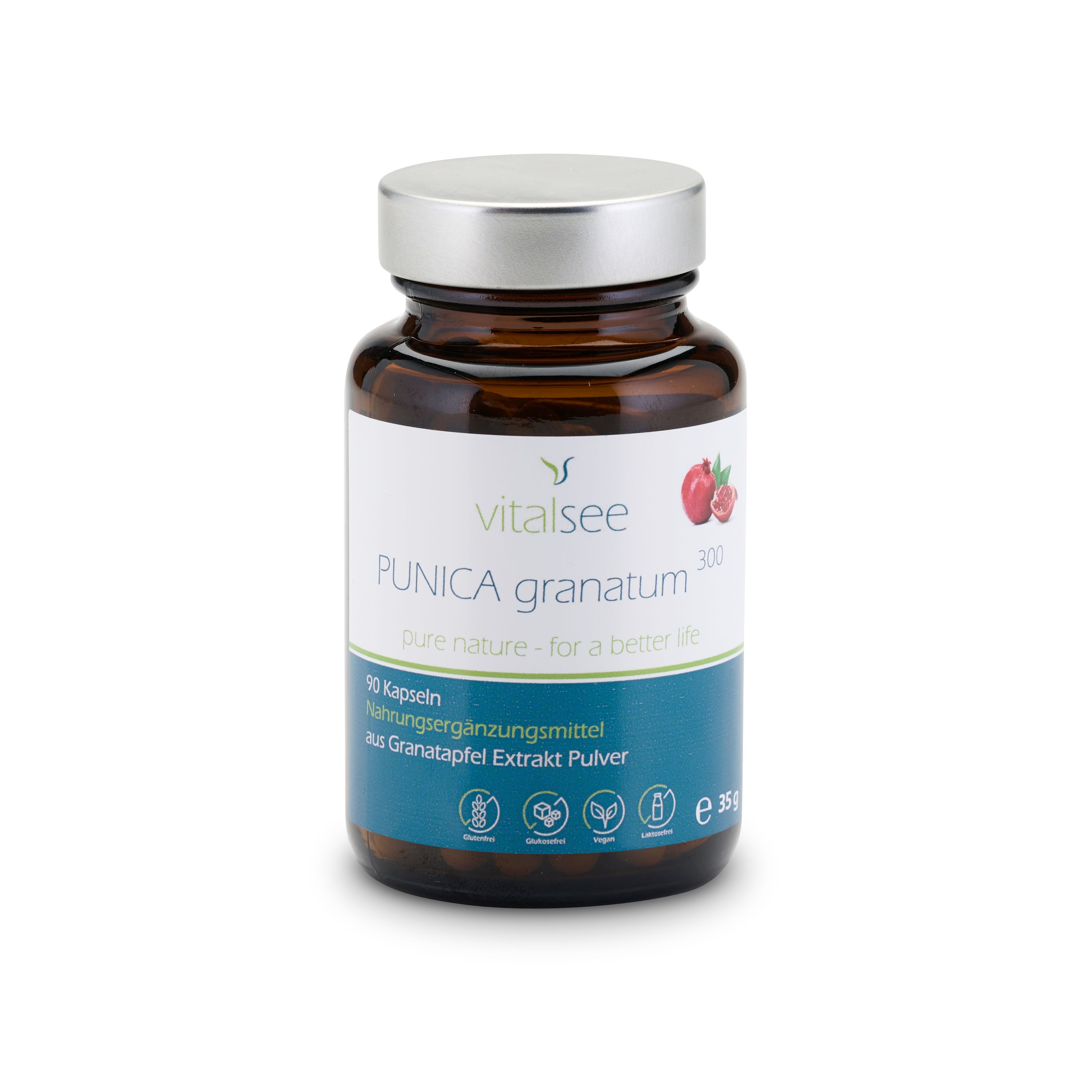 Braune Glasflasche mit silbernem Deckel. Etikett mit Produktnamen und Inhaltsangaben. 90 Kapseln.