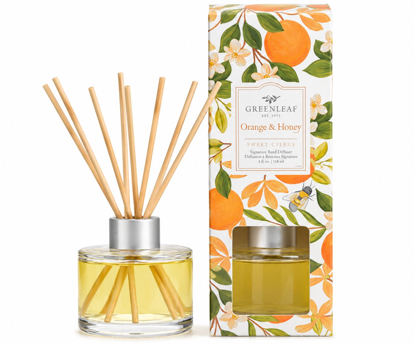 Greenleaf Orange & Honey Signature Reed Diffuser mit 8 Stäbchen in Glasflasche und Verpackung.